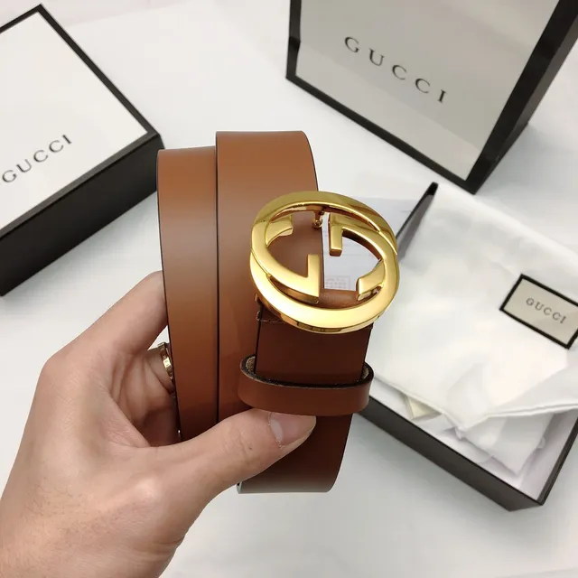 Gucci GG Marmont Brown Gold Interlocking G Buckle Smooth Strap Leather Belt 3