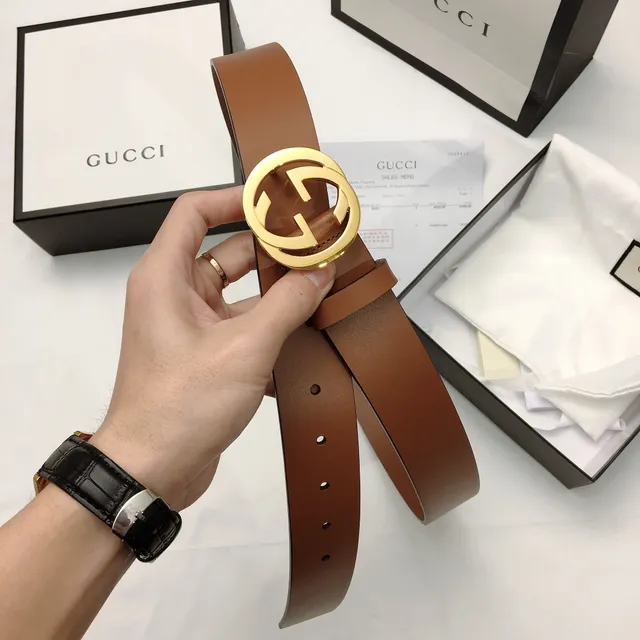 Gucci GG Marmont Brown Gold Interlocking G Buckle Smooth Strap Leather Belt 6