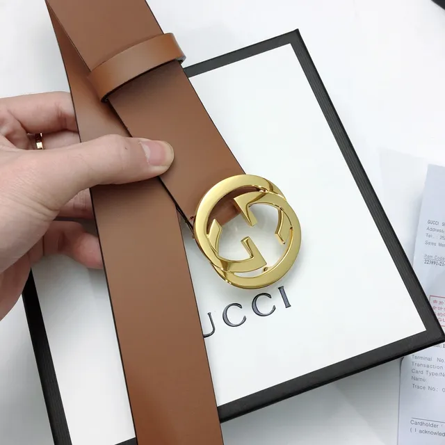 Gucci GG Marmont Brown Gold Interlocking G Buckle Smooth Strap Leather Belt 8