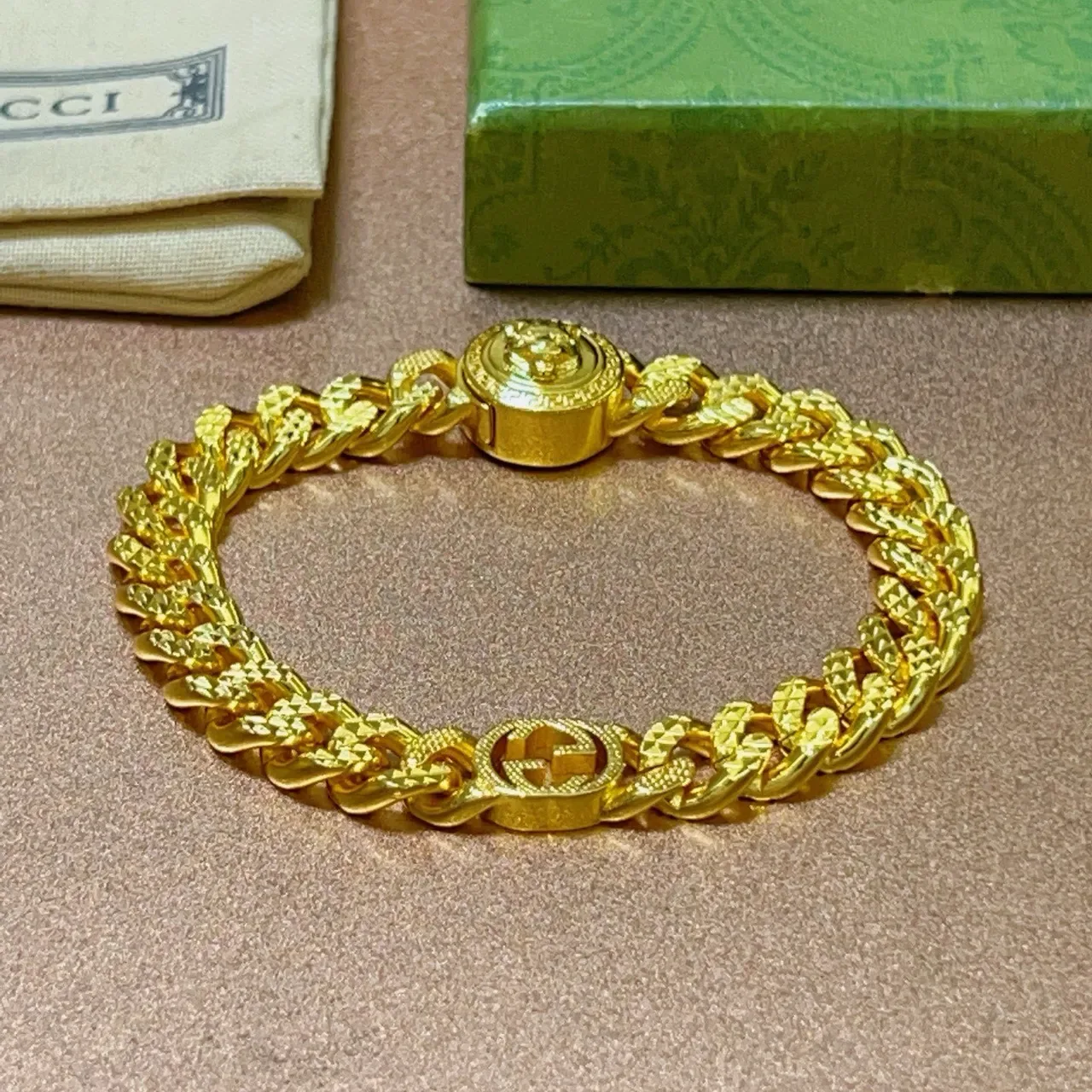 Gucci GG Marmont Gold Curb-Link Chain Interlocking G Motif Bracelet 5