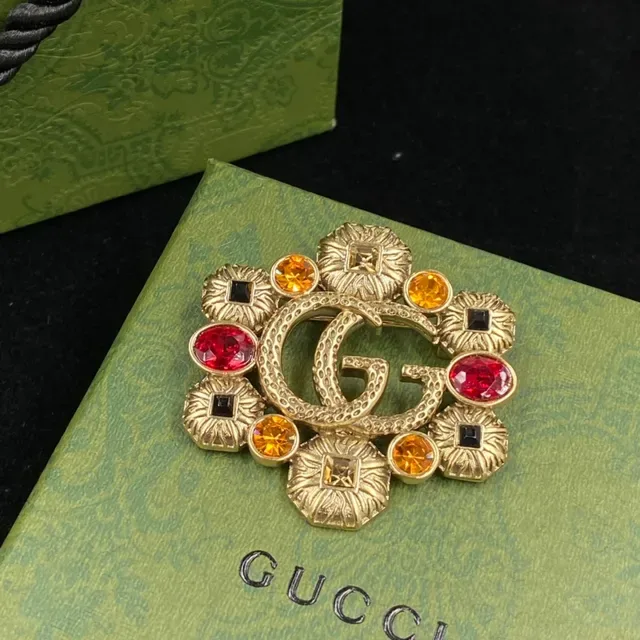 Gucci GG Marmont Broche Dorée Multicolore Interlocking Logo Floral-Texturé Bisels 1