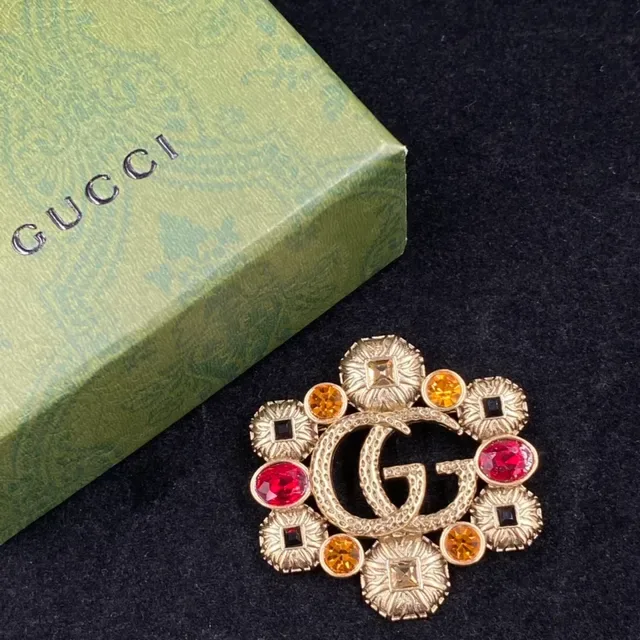Gucci GG Marmont Broche Dorée Multicolore Interlocking Logo Floral-Texturé Bisels 2