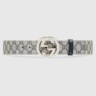 Gucci GG Marmont Interlocking G Buckle भूरा और नेवी चमड़ा बेल्ट