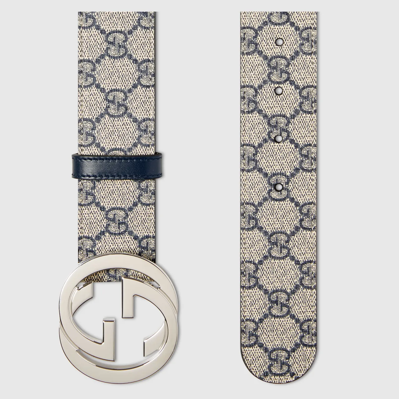 Gucci GG Marmont Interlocking G Buckle 米色和海军蓝皮革腰带 2