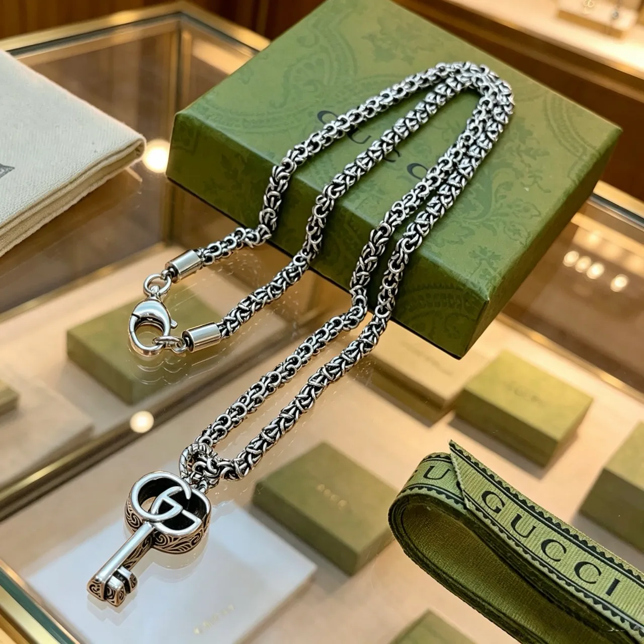 Gucci GG Marmont Key Pendant Silver Chain Necklace 3