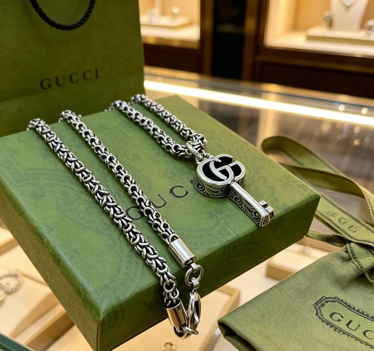 Gucci GG Marmont Key Pendant Silver Chain Necklace 6