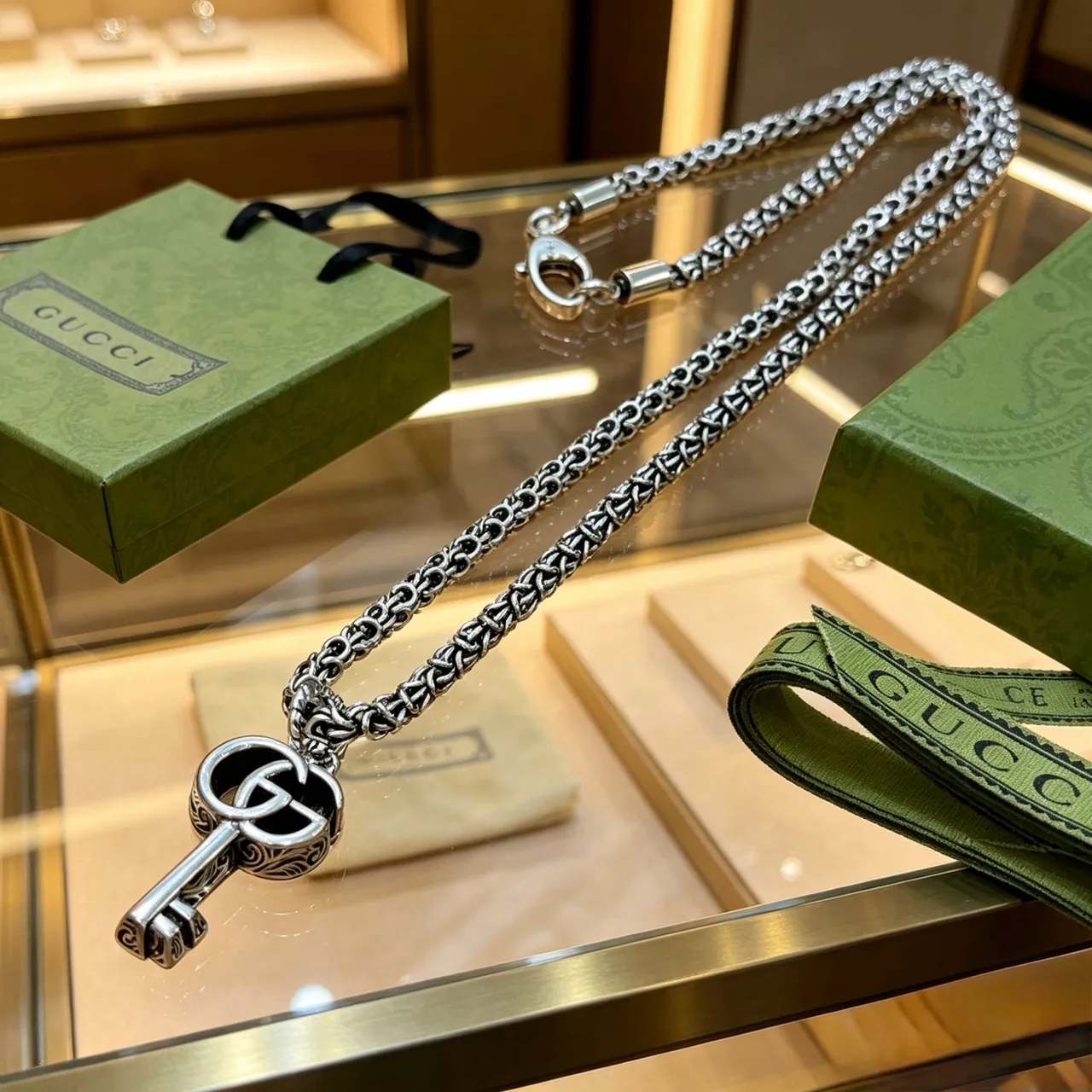 Gucci GG Marmont Key Pendant Silver Chain Necklace 7