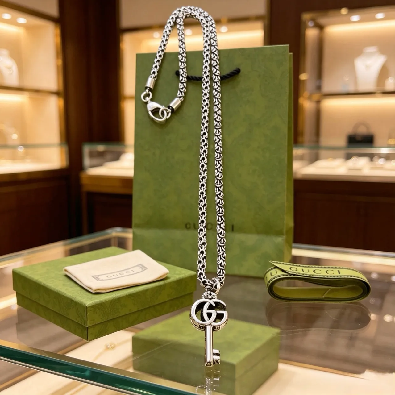 Gucci GG Marmont Key Pendant Silver Chain Necklace 9