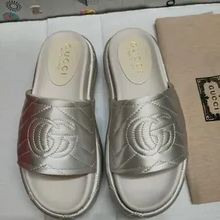 Gucci GG Marmont Quilted Silver Satin Slippers