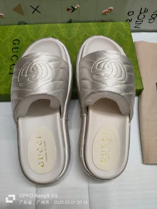 Gucci GG Marmont Quilted Silver Satin Slippers 2