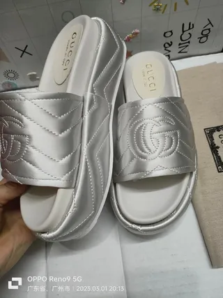 Gucci GG Marmont Quilted Silver Satin Slippers 3