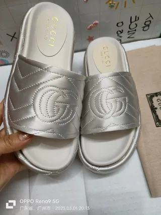 Gucci GG Marmont Quilted Silver Satin Slippers 5