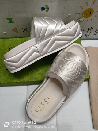 Gucci GG Marmont Quilted Silver Satin Slippers 6