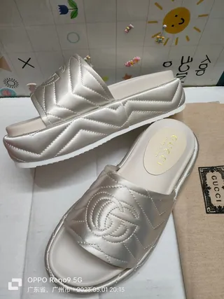 Gucci GG Marmont Quilted Silver Satin Slippers 8