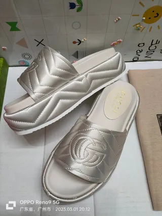 Gucci GG Marmont Quilted Silver Satin Slippers 9