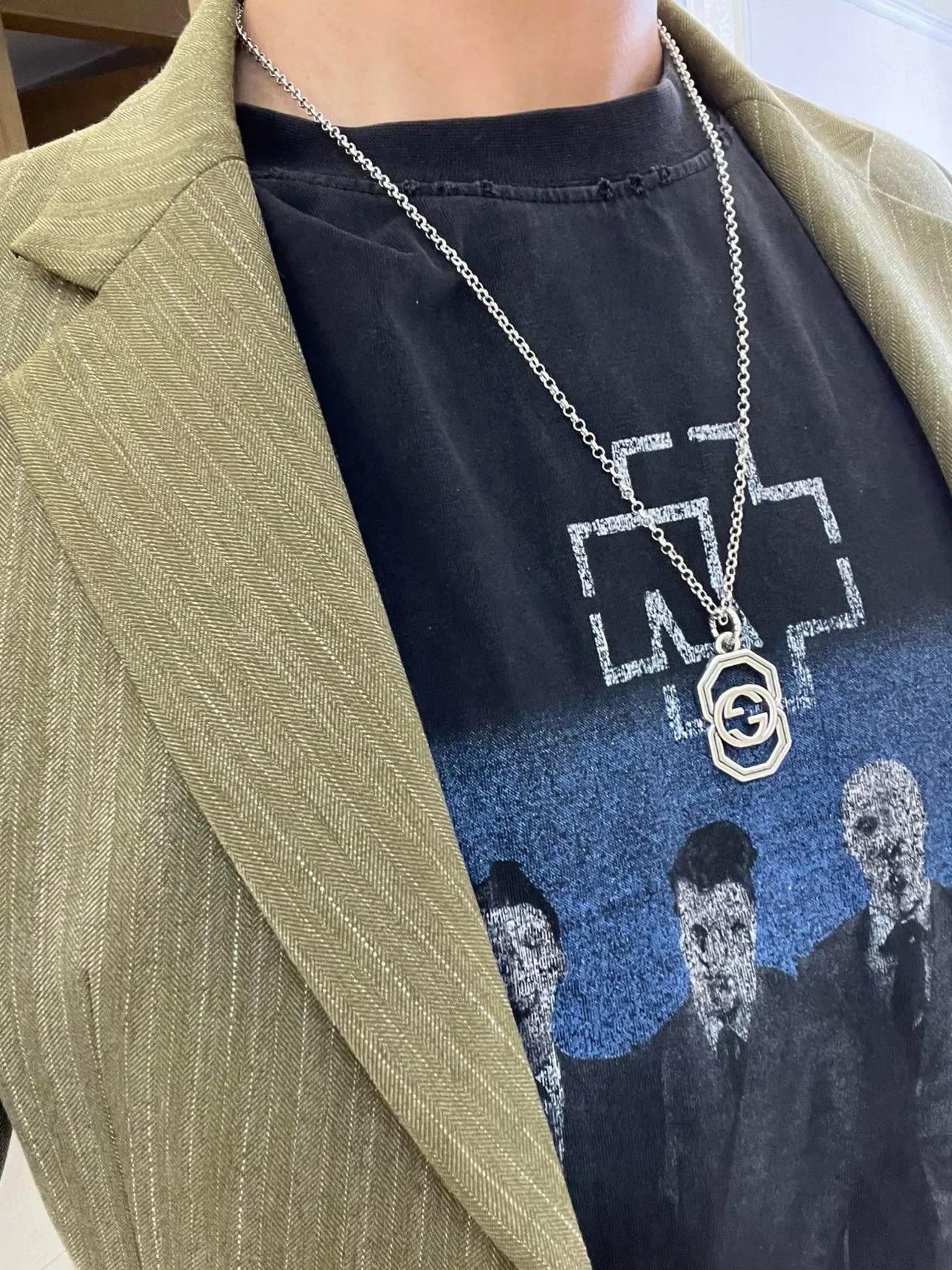 Gucci GG Marmont Silver Green Chain Octagonal Pendant Necklace 8