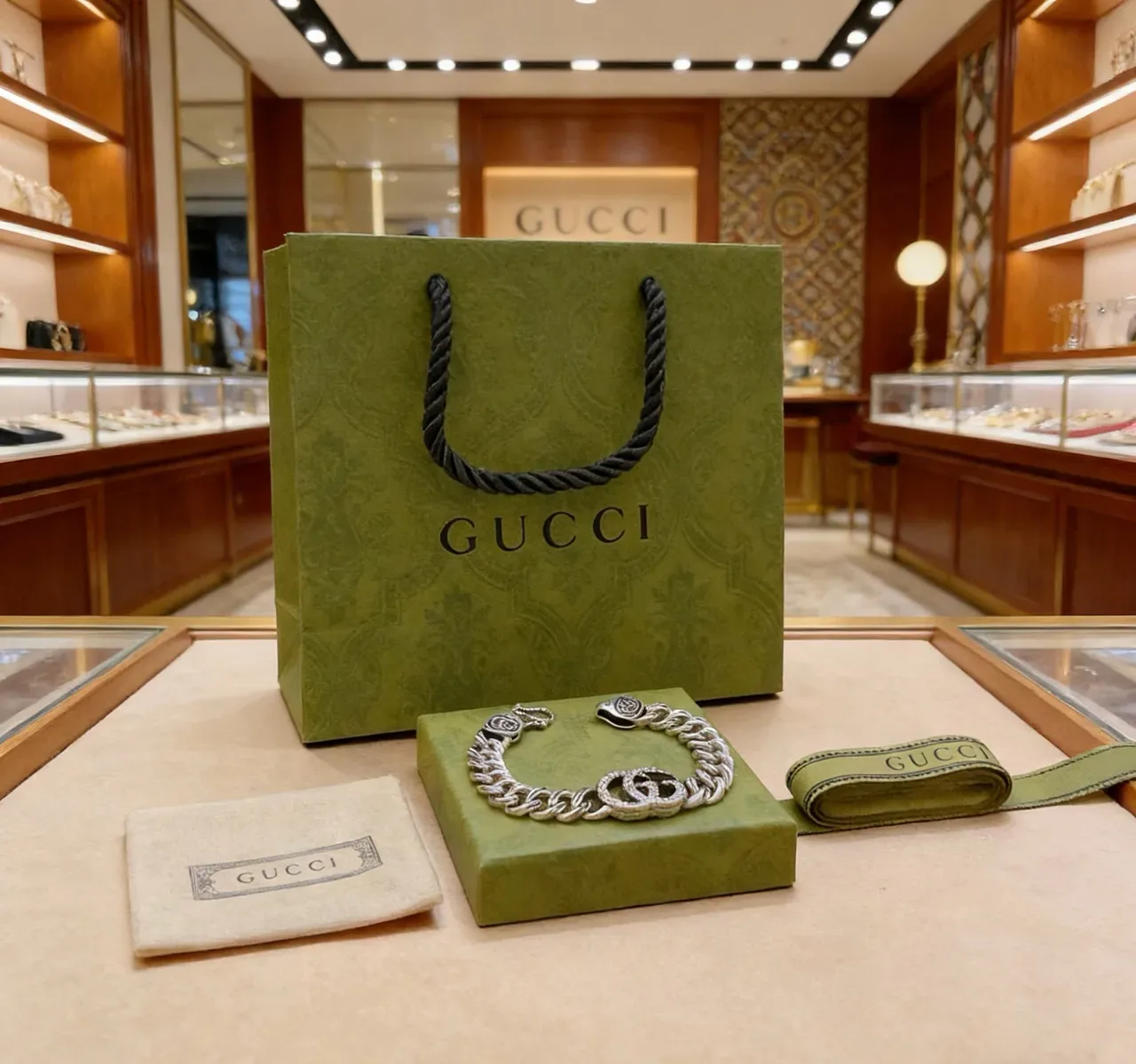 Gucci GG Marmont Silver Green Chunky Curb Chain Interlocking Double-G Clasp Bracelet 5