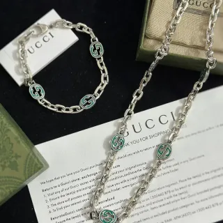 Gucci GG Marmont Silver Green Curb Chain Enamel Interlocking G Medallions Necklace