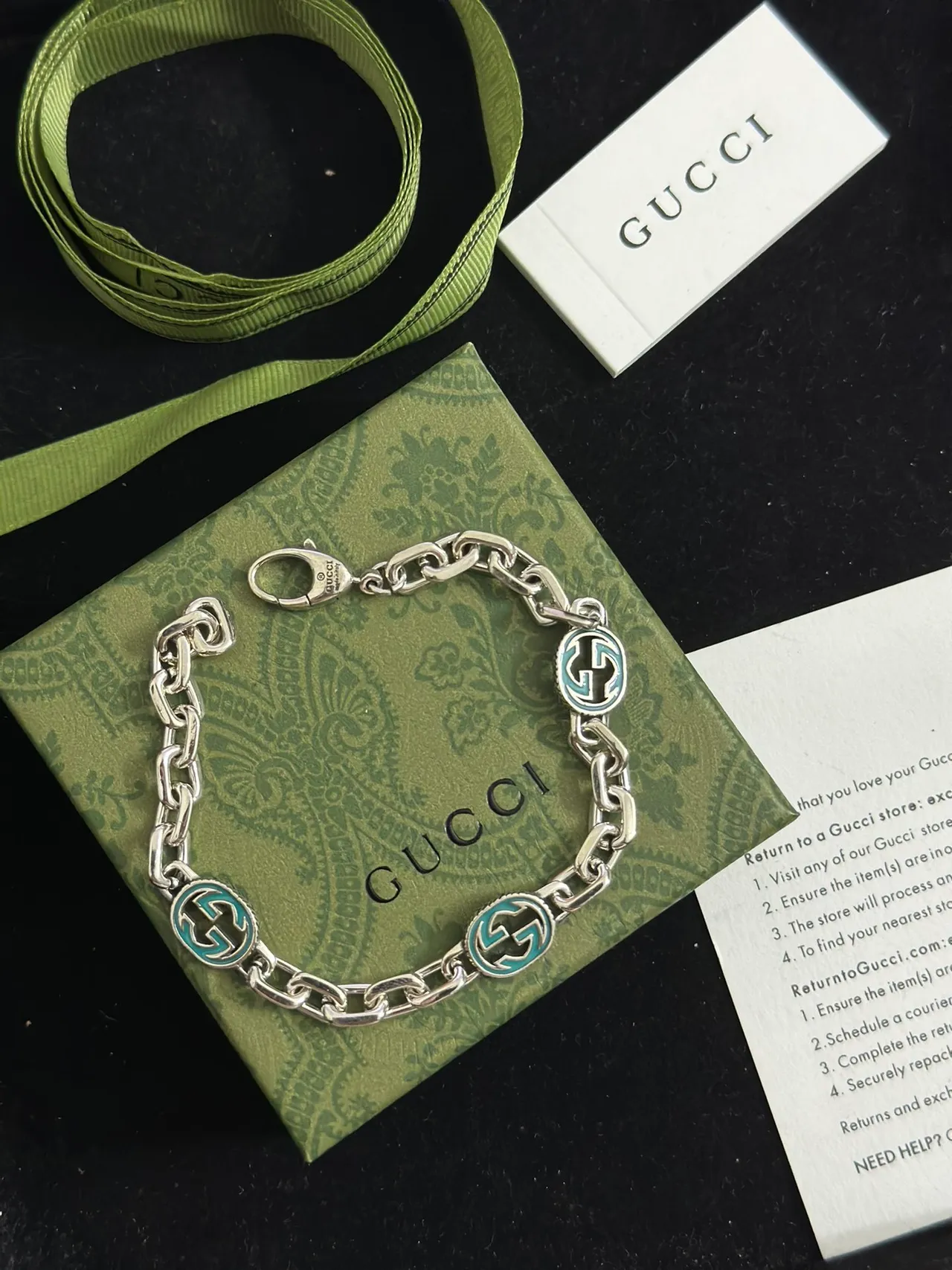 Gucci GG Marmont Chaîne Curb Argent Vert Émail Médaillons G Interlockés 6