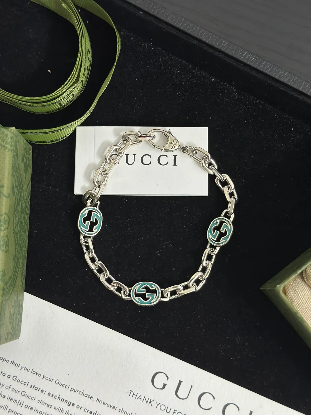 Gucci GG Marmont Chaîne Curb Argent Vert Émail Médaillons G Interlockés 9