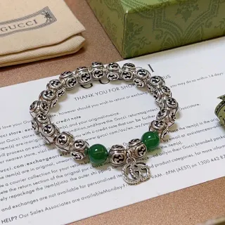 Gucci GG Marmont Silver Green Interlocking G Logo Beads Jade-Like Bracelet