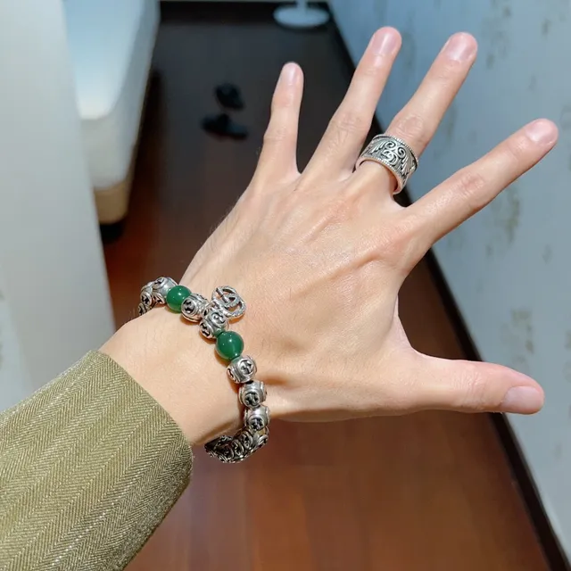 Gucci GG Marmont Vert Argent Interlocking G Logo perles Jade-Like Bracelet 2