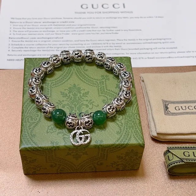 Gucci GG Marmont Vert Argent Interlocking G Logo perles Jade-Like Bracelet 3