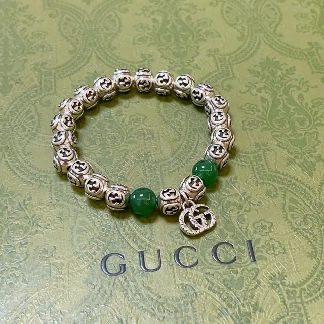 Gucci GG Marmont Vert Argent Interlocking G Logo perles Jade-Like Bracelet 4