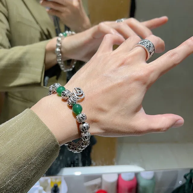 Gucci GG Marmont Vert Argent Interlocking G Logo perles Jade-Like Bracelet 5