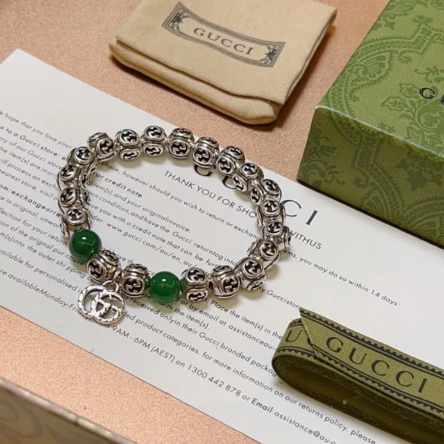 Gucci GG Marmont Vert Argent Interlocking G Logo perles Jade-Like Bracelet 6