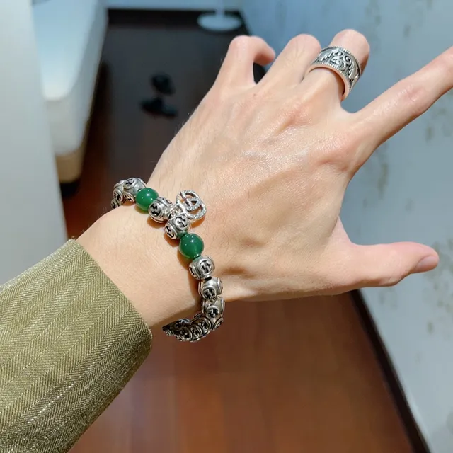 Gucci GG Marmont Vert Argent Interlocking G Logo perles Jade-Like Bracelet 8