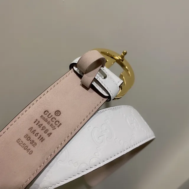 Gucci GG Marmont White Gold Embossed Monogram Interlocking G Buckle Leather Belt 2
