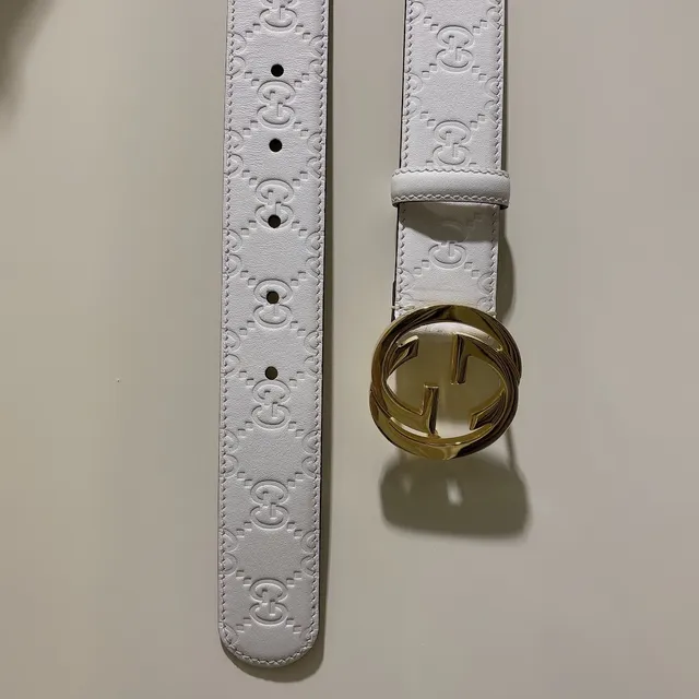 Gucci GG Marmont White Gold Embossed Monogram Interlocking G Buckle Leather Belt 4