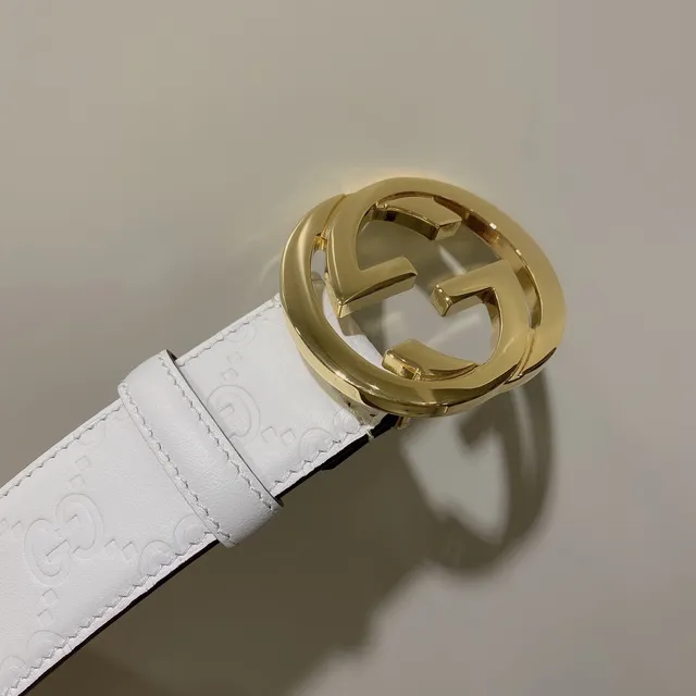 Gucci GG Marmont White Gold Embossed Monogram Interlocking G Buckle Leather Belt 6