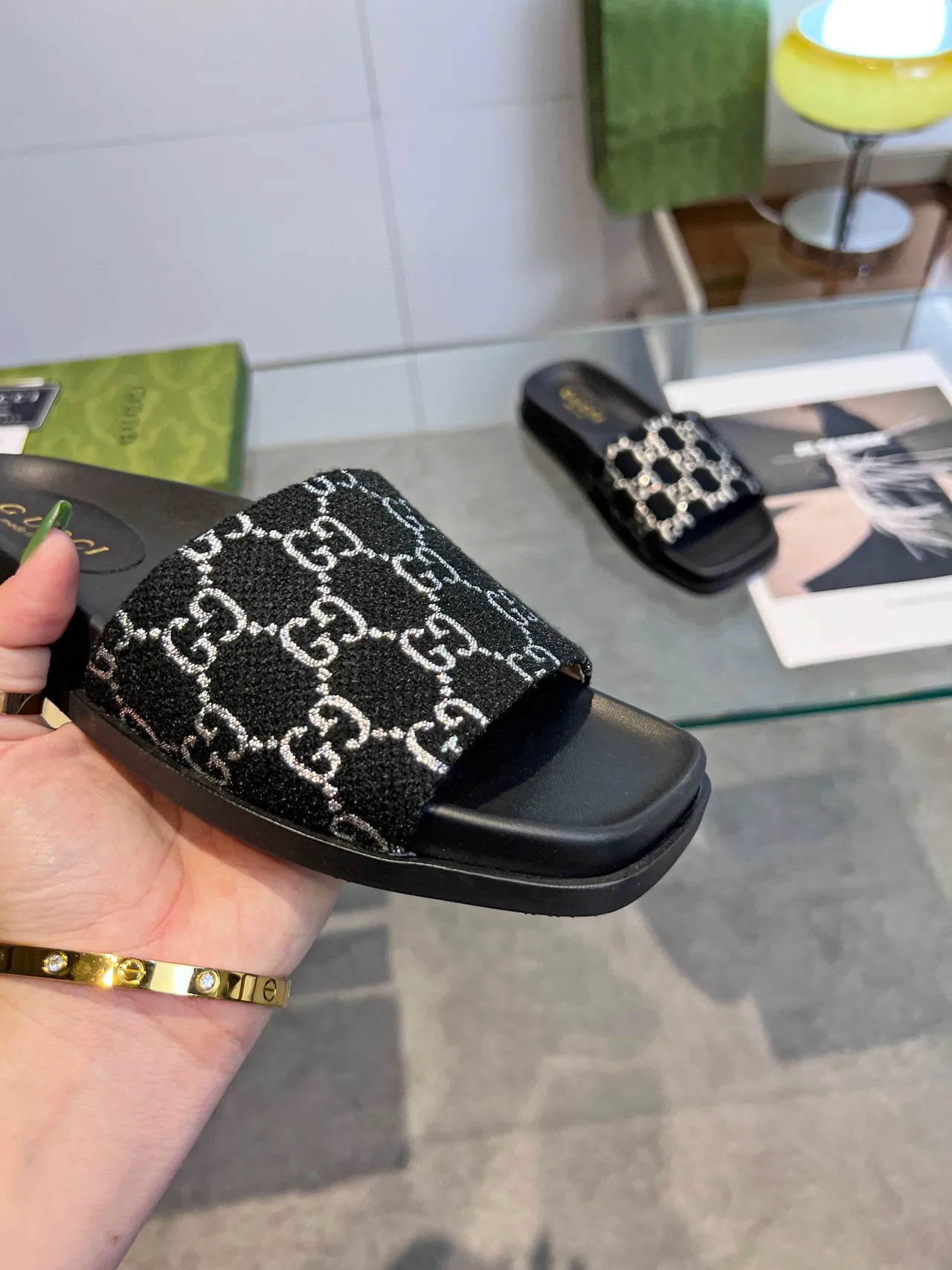 Gucci GG Monogram Slide Black White Flat Woven Strap Slippers 2