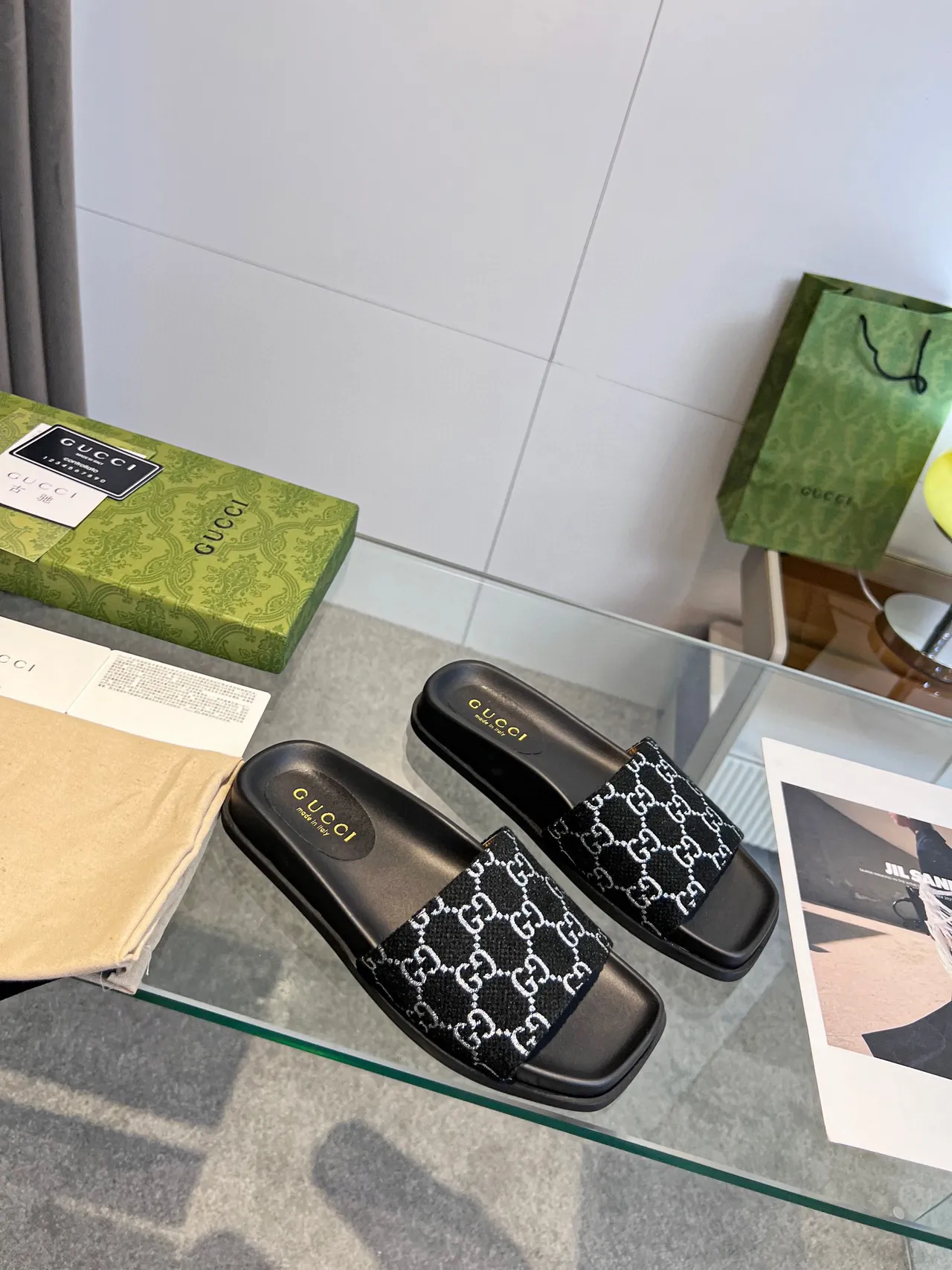 Gucci GG Monogram Slide Black White Flat Woven Strap Slippers 6