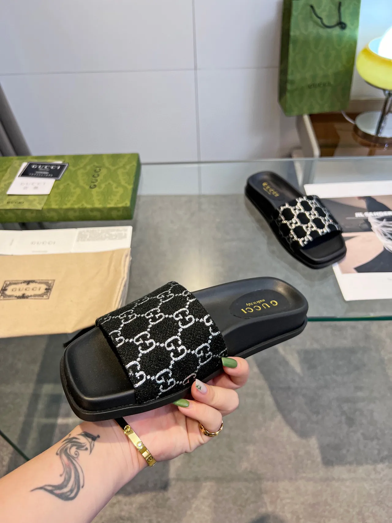 Gucci GG Monogram Slide Black White Flat Woven Strap Slippers 8