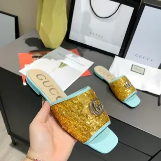 Gucci Gold Blue Sequin Upper Light Trim Slippers