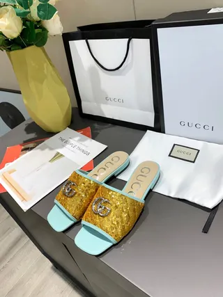Gucci Gold Blue Sequin Upper Light Trim Slippers 3