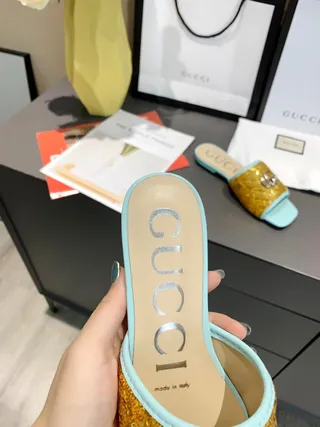 Gucci Gold Blue Sequin Upper Light Trim Slippers 6