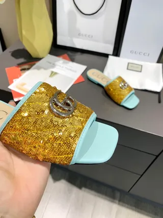 Gucci Gold Blue Sequin Upper Light Trim Slippers 8