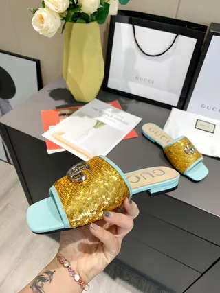 Gucci Gold Blue Sequin Upper Light Trim Slippers 9