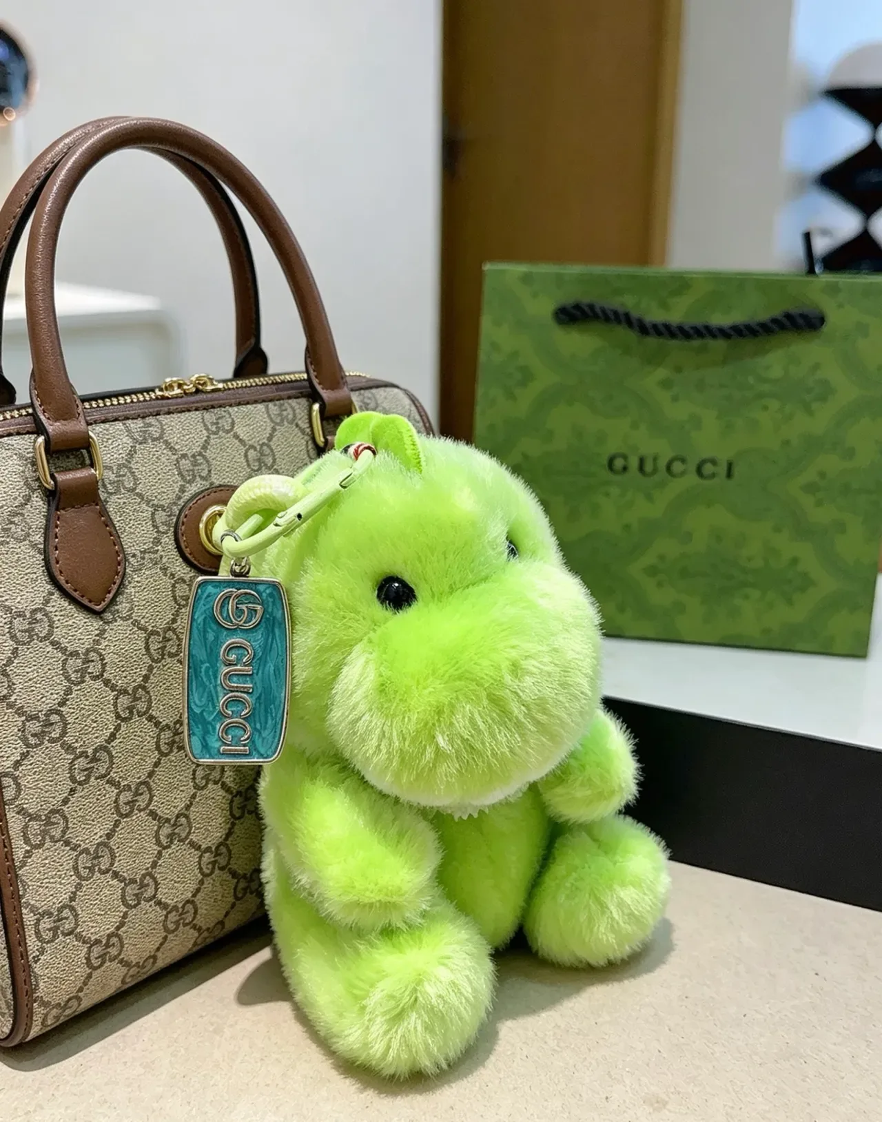 Gucci Green Blue Plush Fuzzy Animal Light Handbag 5