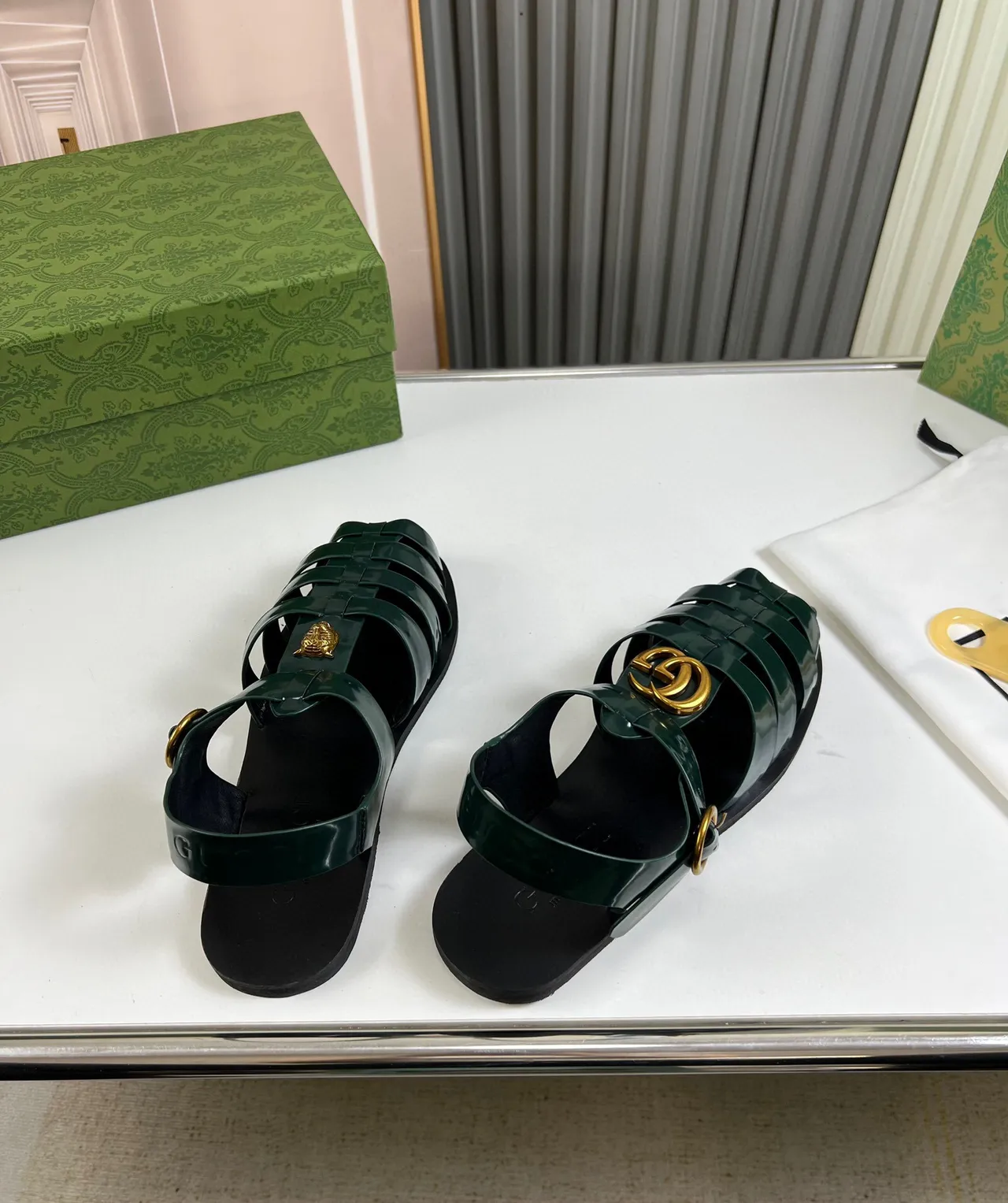 Gucci Vert Or Cuir Patenté Brillant Sandales Gladiateur Multi Sangle 5