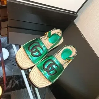 Gucci Green Interlocking GG Logo Jute Sole Casual Sandals