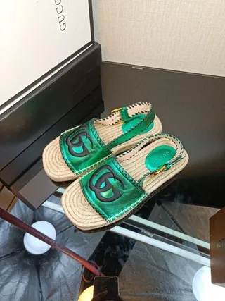 Gucci Verde Interlocking GG Logo Sola de Juta Sandálias Casual 3