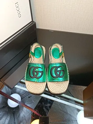 Gucci Verde Interlocking GG Logo Sola de Juta Sandálias Casual 5