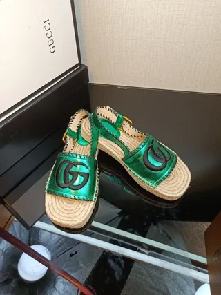 Gucci Verde Interlocking GG Logo Sola de Juta Sandálias Casual 6