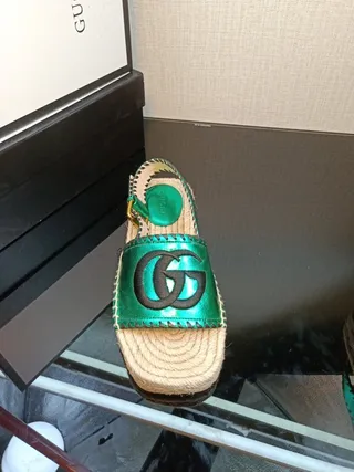 Gucci Verde Interlocking GG Logo Sola de Juta Sandálias Casual 7