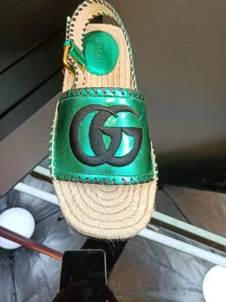 Gucci Verde Interlocking GG Logo Sola de Juta Sandálias Casual 9